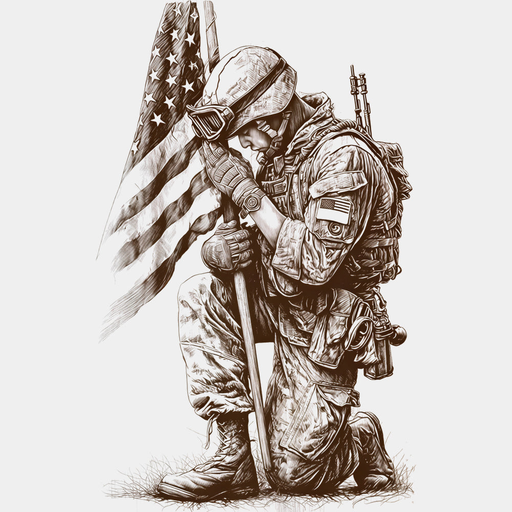 Soldier Holding US Flag - Army DTF Transfers - Adult Unisex - S & M (10’’) / Brown Color Design (See Imaging)
