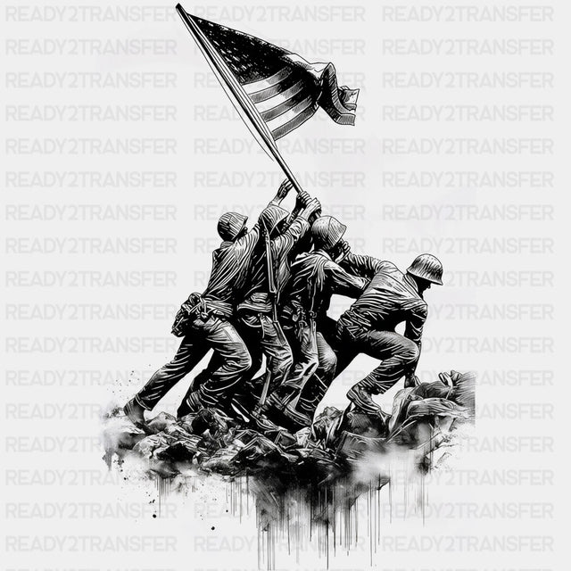 Soldiers Putting Up US Flag - Army DTF Transfers - Adult Unisex - S & M (10’’) / Dark Color Design (See Imaging)