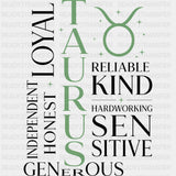 Taurus Qualities Green - Zodiacs & Horoscopes DTF Transfers - Adult Unisex - S & M (10’’) / Dark Color Design (See