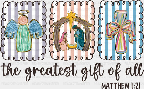 The Greatest Gift Of All B&W Matthew 1:21 - Christmas DTF Transfer Adult Unisex - S & M (10’’) / Dark Color Design (See