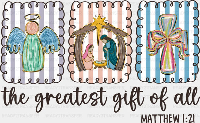 The Greatest Gift Of All B&W Matthew 1:21 - Christmas DTF Transfer Adult Unisex - S & M (10’’) / Dark Color Design (See