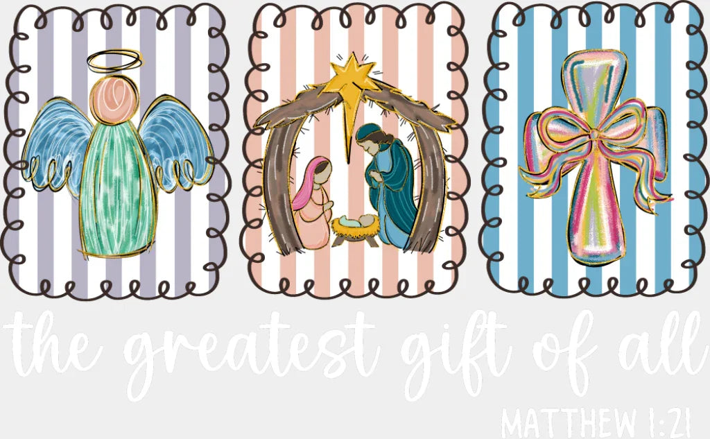 The Greatest Gift Of All B&W Matthew 1:21 - Christmas DTF Transfer Adult Unisex - S & M (10’’) / Light Color Design