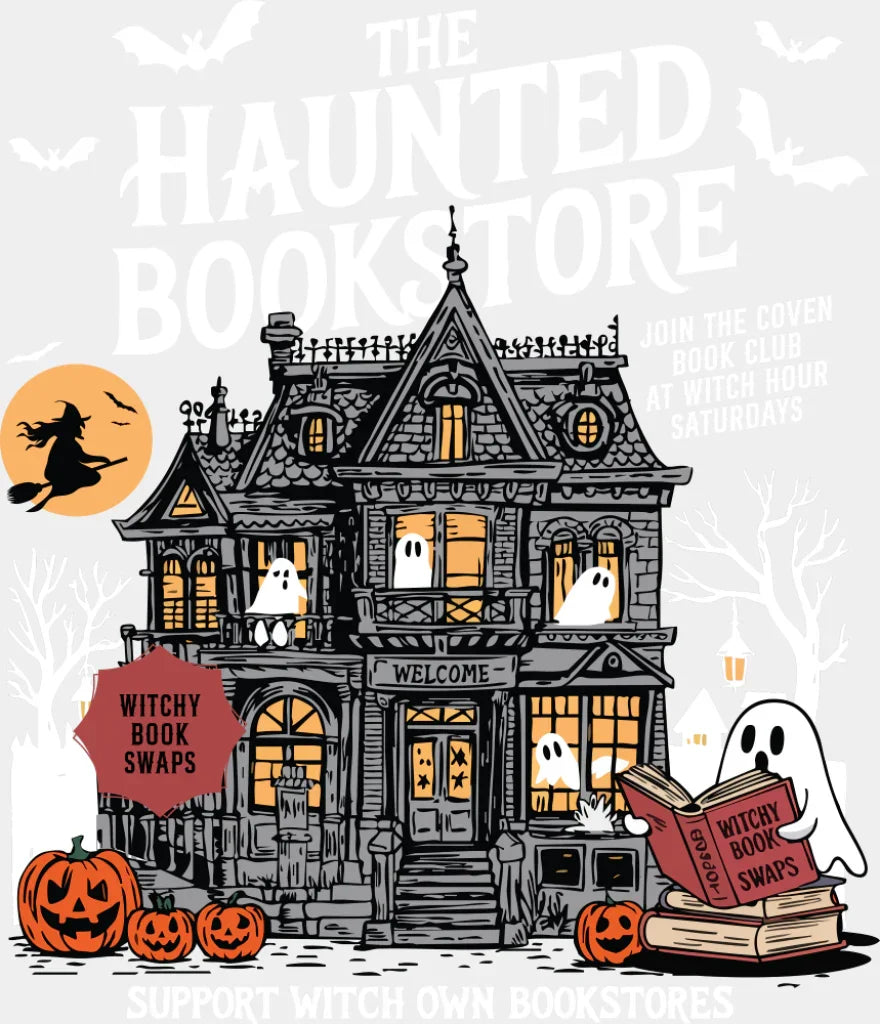 The Haunted Bookstore Halloween DTF Transfer Adult Unisex S & M (10’’) / Light Color Design (See Imaging)
