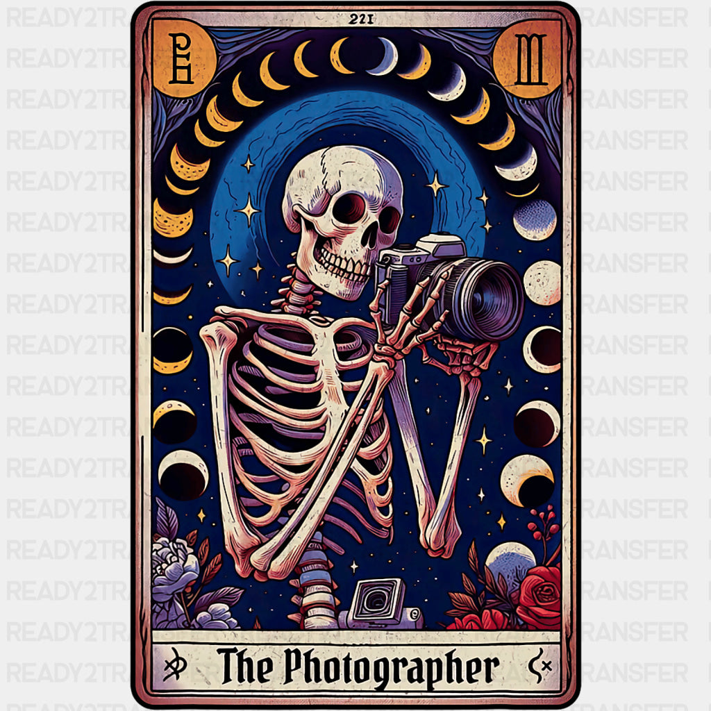 The Photographer Skeleton, Tarot Card - Photography DTF Transfers ready2transfer Dark Color Design (See Imaging)