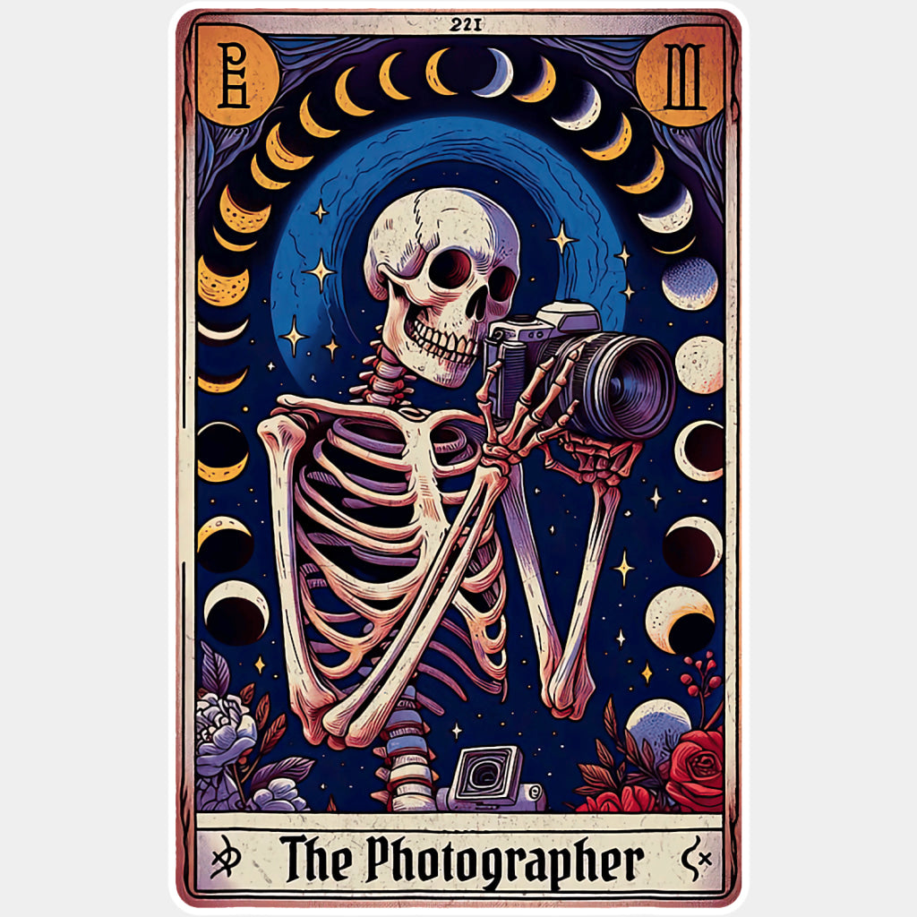 The Photographer Skeleton, Tarot Card - Photography DTF Transfers ready2transfer Light Color Design (See Imaging)