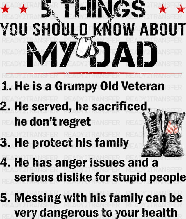 Things You Should Know About My Dad - Military DTF Transfer Adult Unisex - S & M (10’’) / Dark Color Design (See