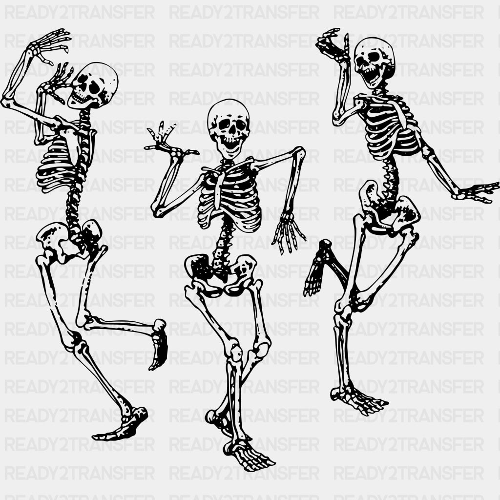 Three Skeletons Dancing - Skeleton DTF Transfers ready2transfer Dark Color Design (See Imaging)