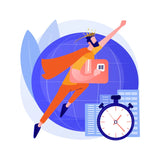 An illustration of a cartoon character with a crown, holding a book, and jumping over a large globe, with a clock and office-related imagery in the background.