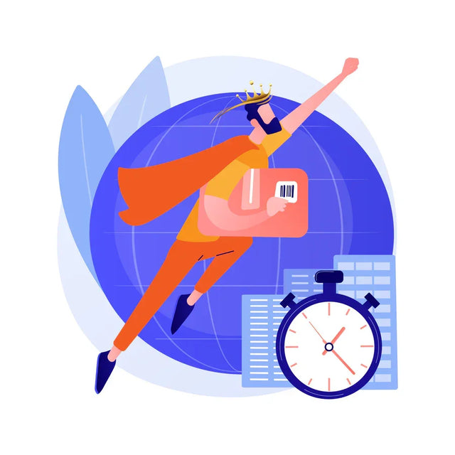 An illustration of a cartoon character with a crown, holding a book, and jumping over a large globe, with a clock and office-related imagery in the background.