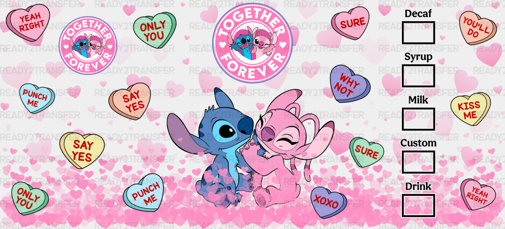 Together Forever Stitch And Angel - Valentine’s Day Cup Wrap Uv Sticker Permanent Dtf Decal