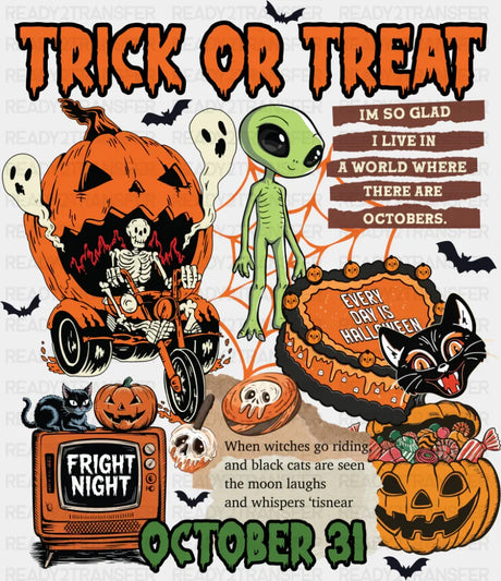 Trick Or Treat October 31 Halloween DTF Transfer Adult Unisex S & M (10’’) / Dark Color Design (See Imaging)