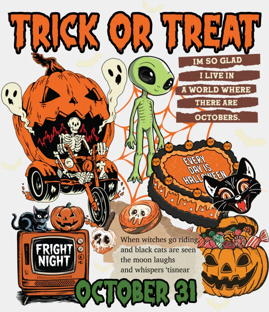 Trick Or Treat October 31 Halloween DTF Transfer Adult Unisex S & M (10’’) / Light Color Design (See Imaging)