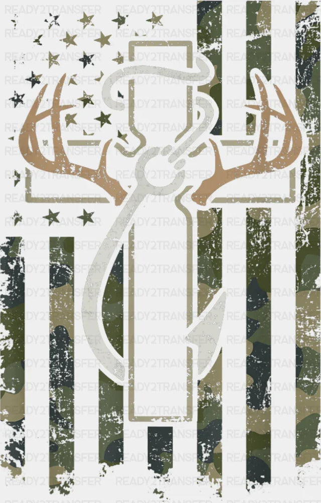 US Flag Cross Deer Antler Fish Hook - Outdoor DTF Transfer