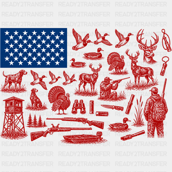 US Flag, Red Drawings - Hunting DTF Transfers