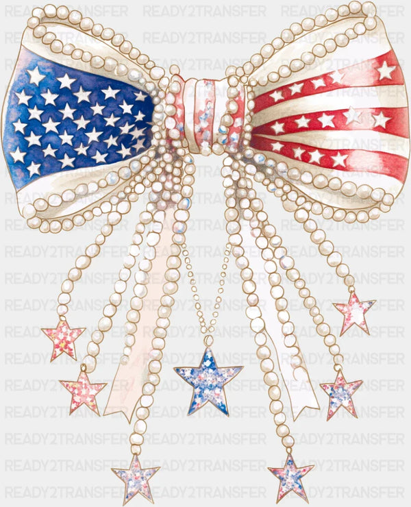 US Flag Ribbon With Pearls - 4th Of July DTF Transfer