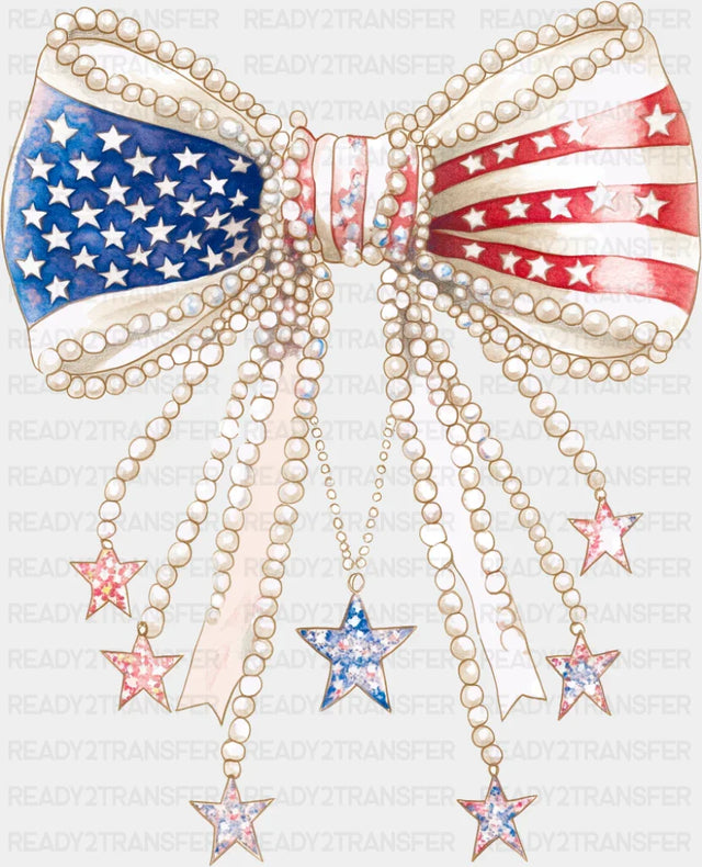 US Flag Ribbon With Pearls - 4th Of July DTF Transfer ready2transfer