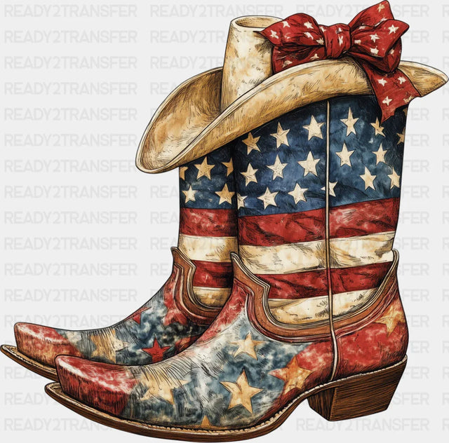 USA Flag Cowboy Boots And Hat - 4th Of July DTF Transfer