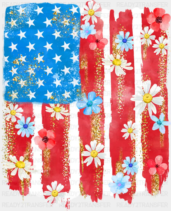 USA Flag & Flowers - 4th Of July DTF Transfer