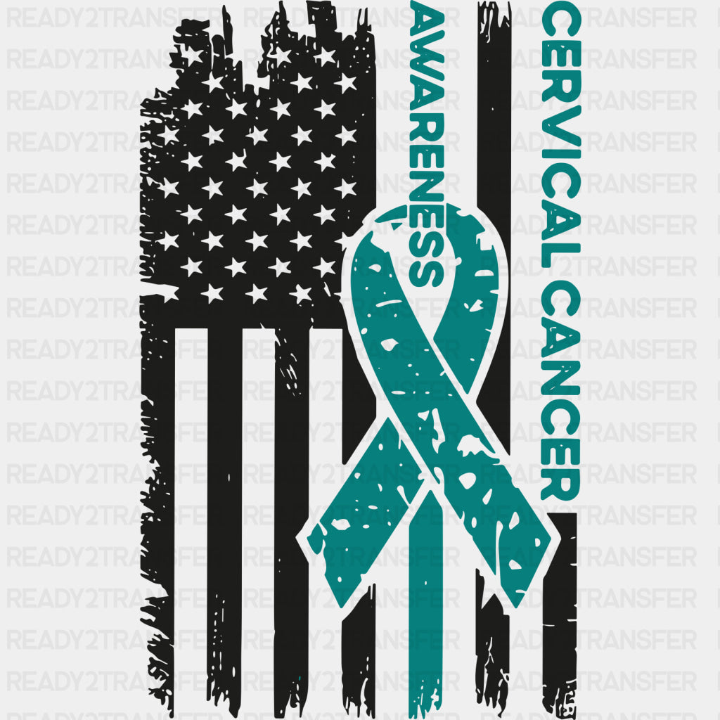 USA Flag Teal Ribbon - Cervical Cancer DTF Transfers - Adult Unisex - S & M (10’’) / Dark Color Design (See Imaging)
