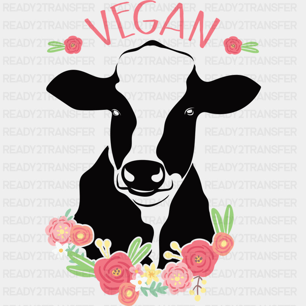 Vegan Cow & Flowers - Vegan DTF Transfers - Adult Unisex - S & M (10’’) / Dark Color Design (See Imaging)