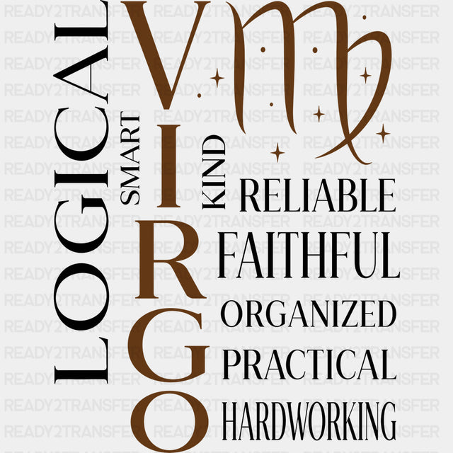 Virgo Qualities Brown - Zodiacs & Horoscopes DTF Transfers - Adult Unisex - S & M (10’’) / Dark Color Design (See