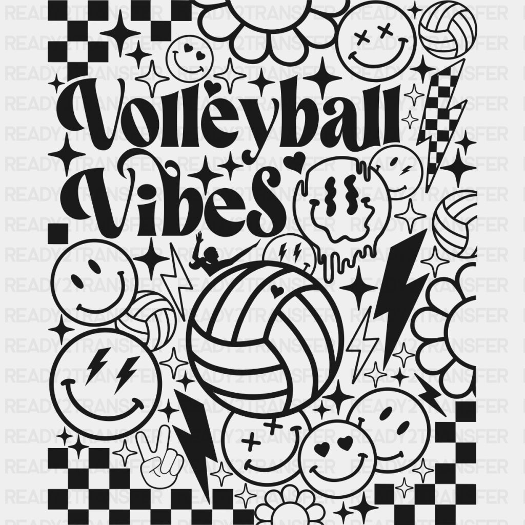 Volleyball Vibes, Checkered B&W - Volleyball DTF Transfers ready2transfer Dark Color Design (See Imaging)