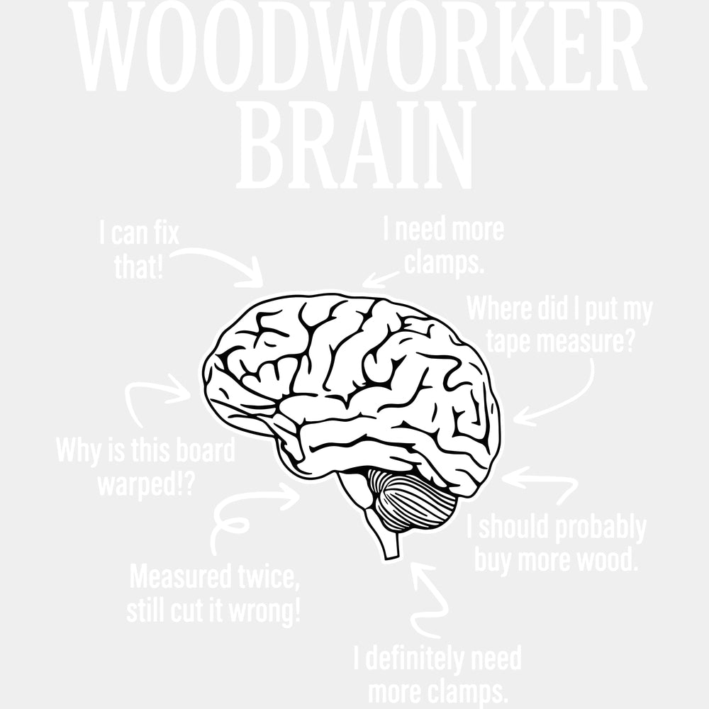 Woodworker Brain B&W - Woodworking DTF Transfers - Adult Unisex - S & M (10’’) / Light Color Design (See Imaging)