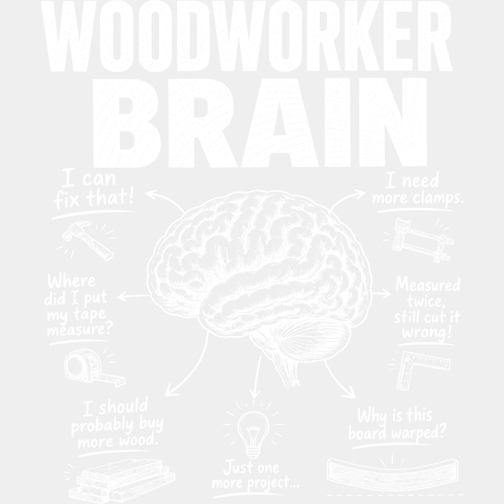 Woodworker Brain Black & White - Woodworking DTF Transfers - Adult Unisex - S & M (10’’) / Light Color Design (See