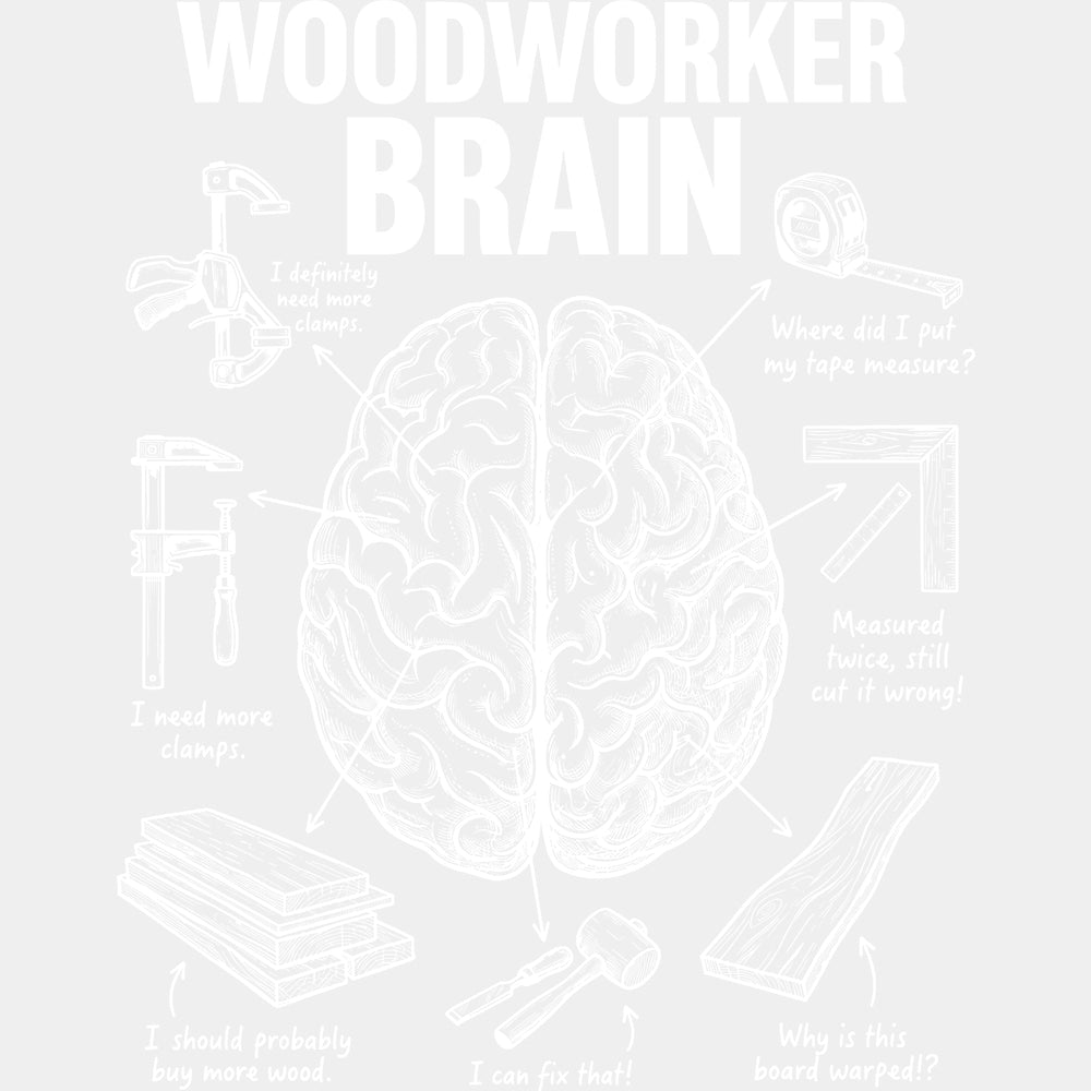 Woodworker Brain Thinking - Woodworking DTF Transfers - Adult Unisex - S & M (10’’) / Light Color Design (See Imaging)