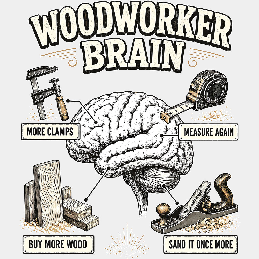 Woodworker Brain - Woodworking DTF Transfers - Adult Unisex - S & M (10’’) / Light Color Design (See Imaging)