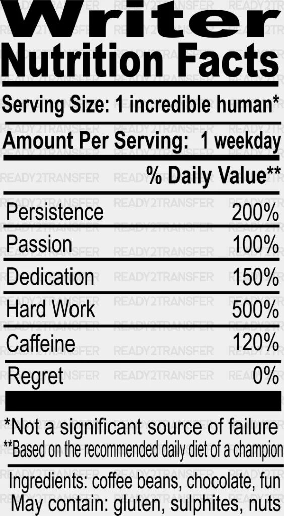 Writer Nutrition Facts - Writing DTF Heat Transfer