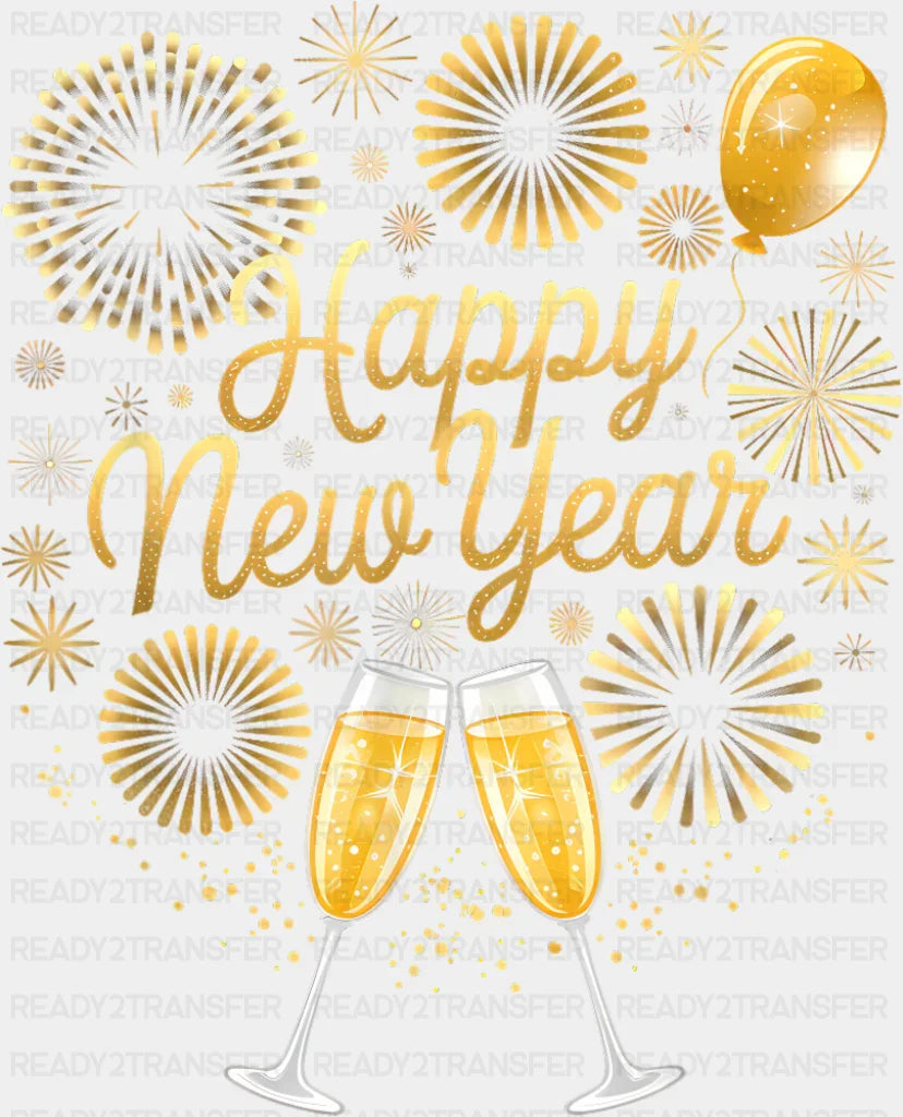 Yellow Fireworks Happy New Year - New Year DTF Transfer