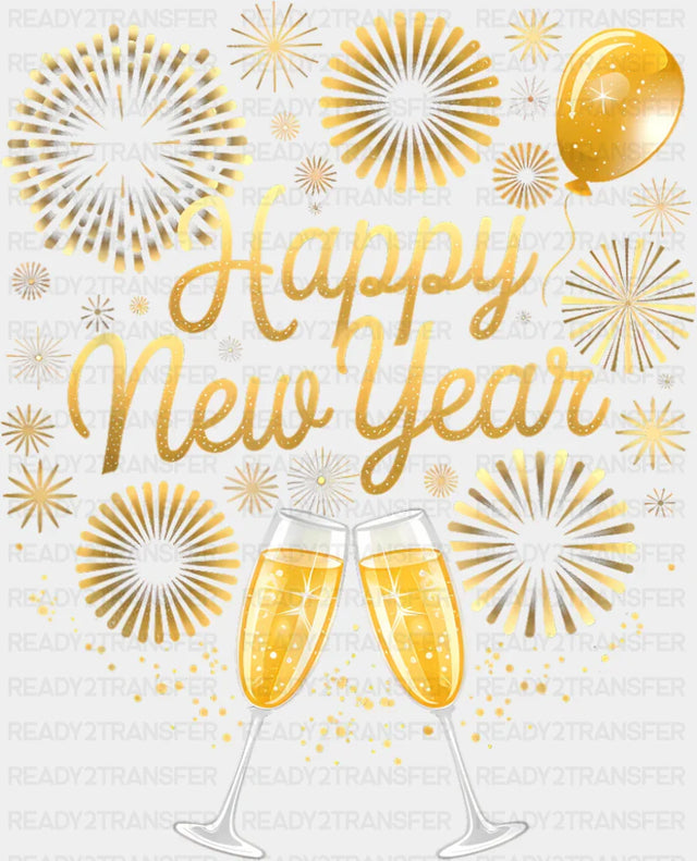 Yellow Fireworks Happy New Year - New Year DTF Transfer